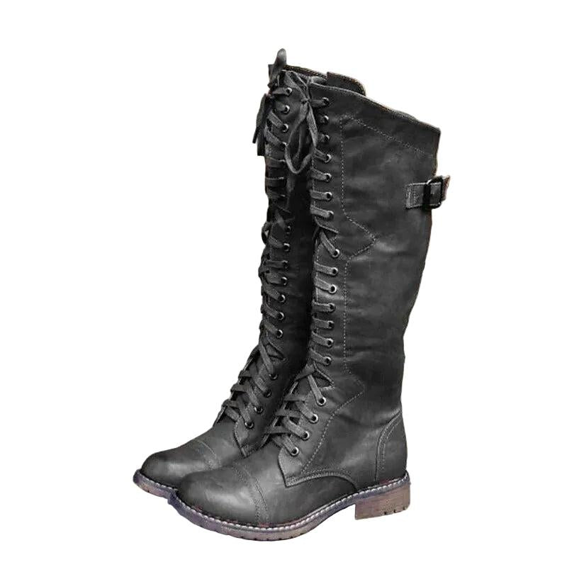 Damen Hohe Schnürstiefel im Reitstil mit Schnallenriemen-Women Footwear-Alpenkind