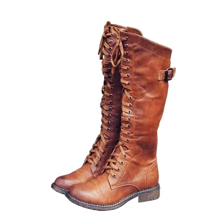 Damen Hohe Schnürstiefel im Reitstil mit Schnallenriemen-Women Footwear-Alpenkind