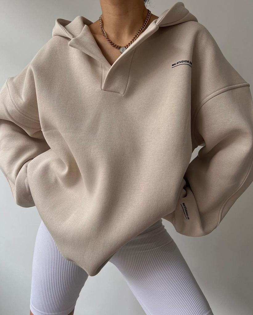 Damen Hoodie mit Kapuze V-Ausschnitt Polokragen und Bündchen