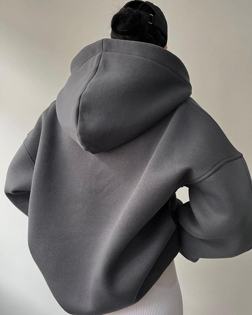 Damen Hoodie mit Kapuze V-Ausschnitt Polokragen und Bündchen
