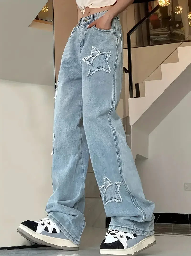 Damen Hose mit hohem Bund und Sternapplikationen