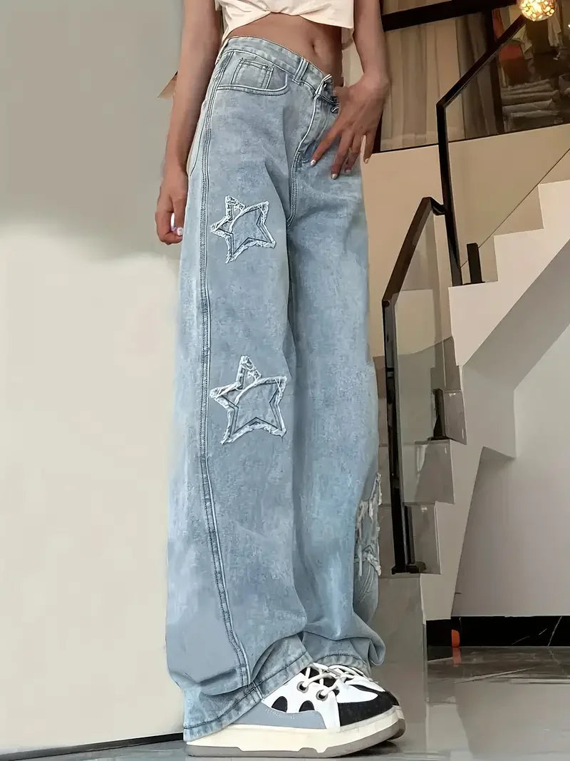 Damen Hose mit hohem Bund und Sternapplikationen