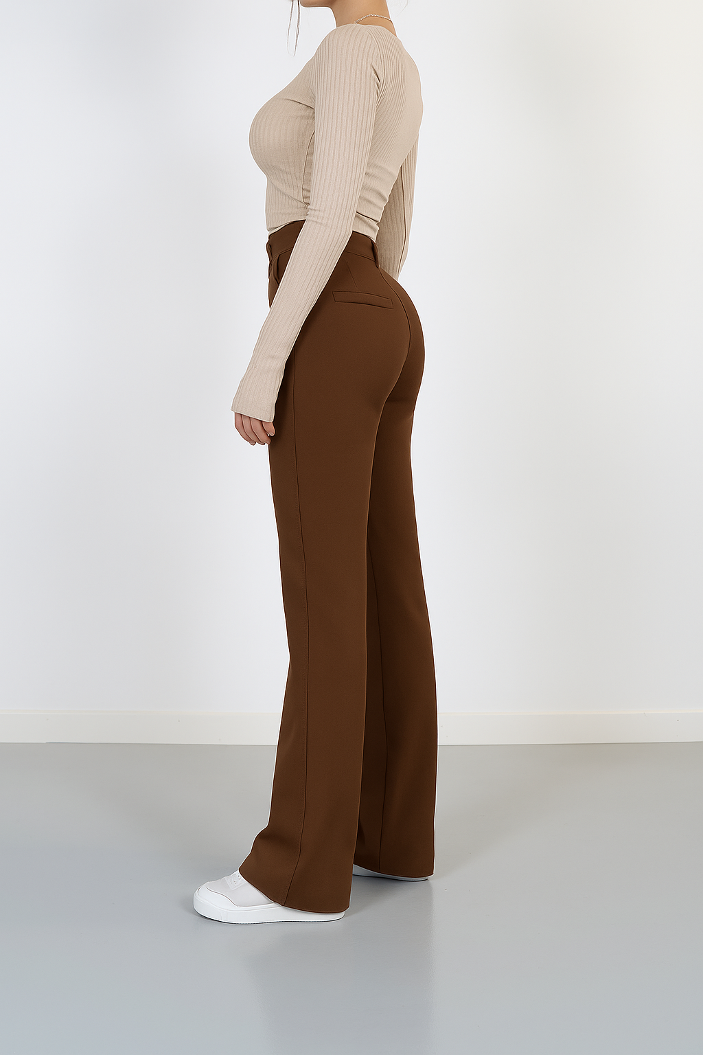 Damen Hose mit hohem Bund weiten Beinen und sichtbaren Frontnähten