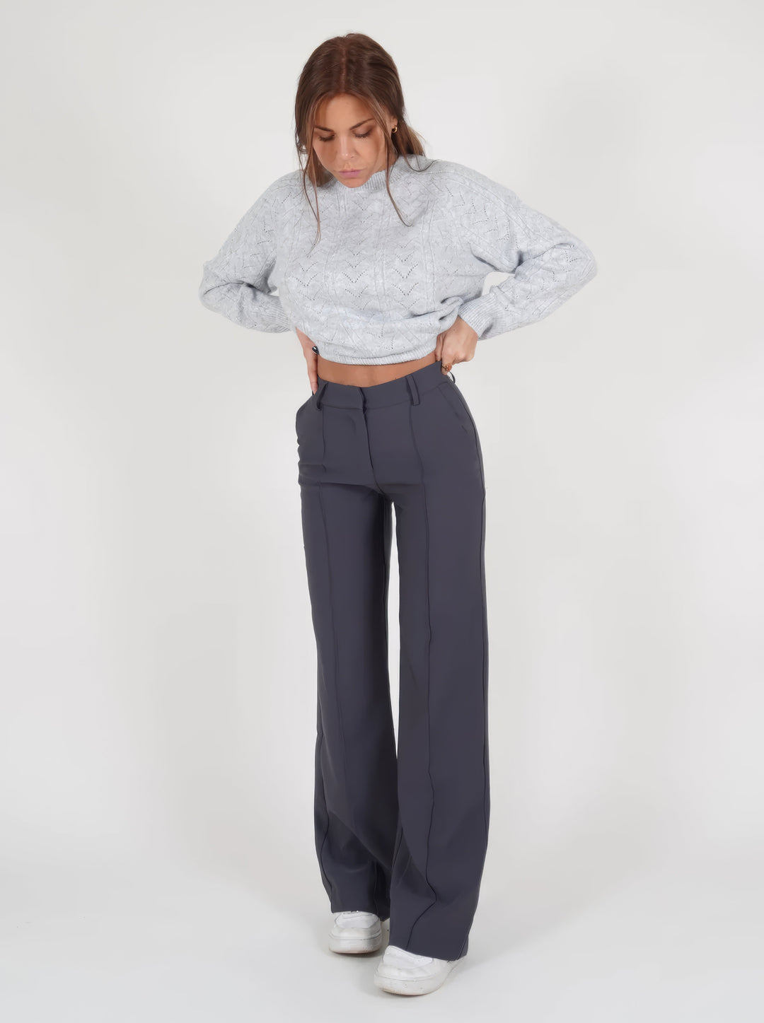 Damen Hose mit hohem Bund weiten Beinen und sichtbaren Frontnähten