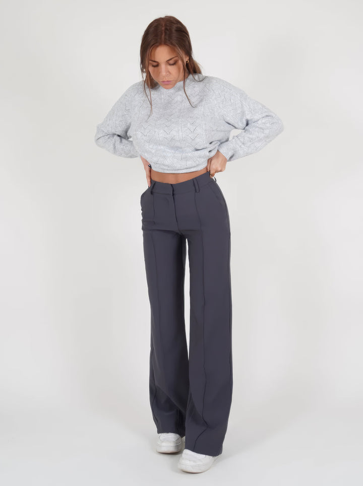 Damen Hose mit hohem Bund weiten Beinen und sichtbaren Frontnähten