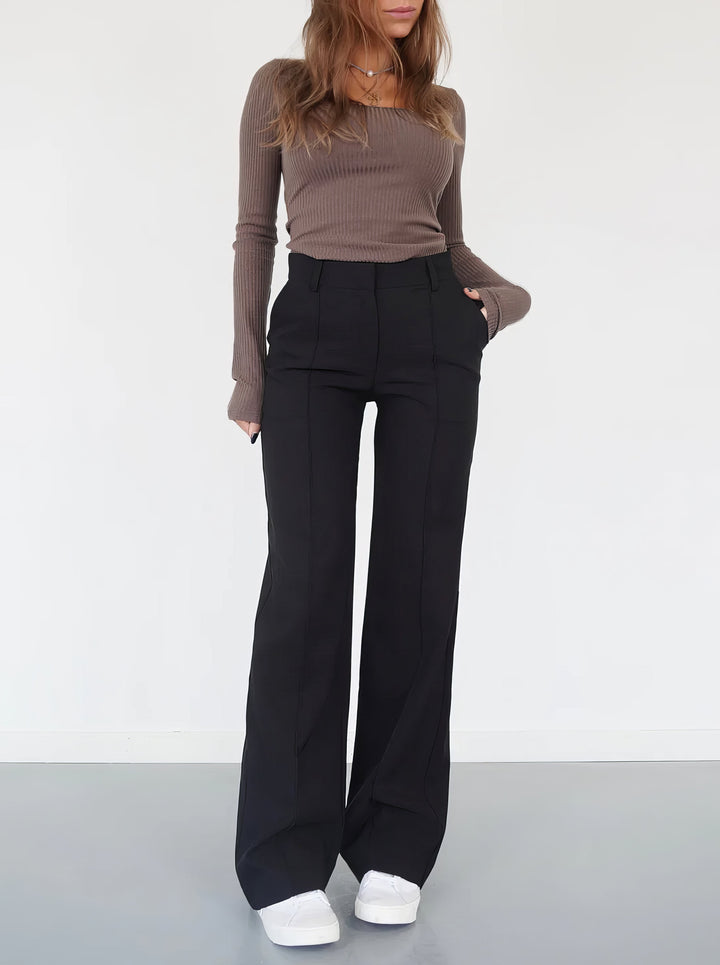 Damen Hose mit hohem Bund weiten Beinen und sichtbaren Frontnähten