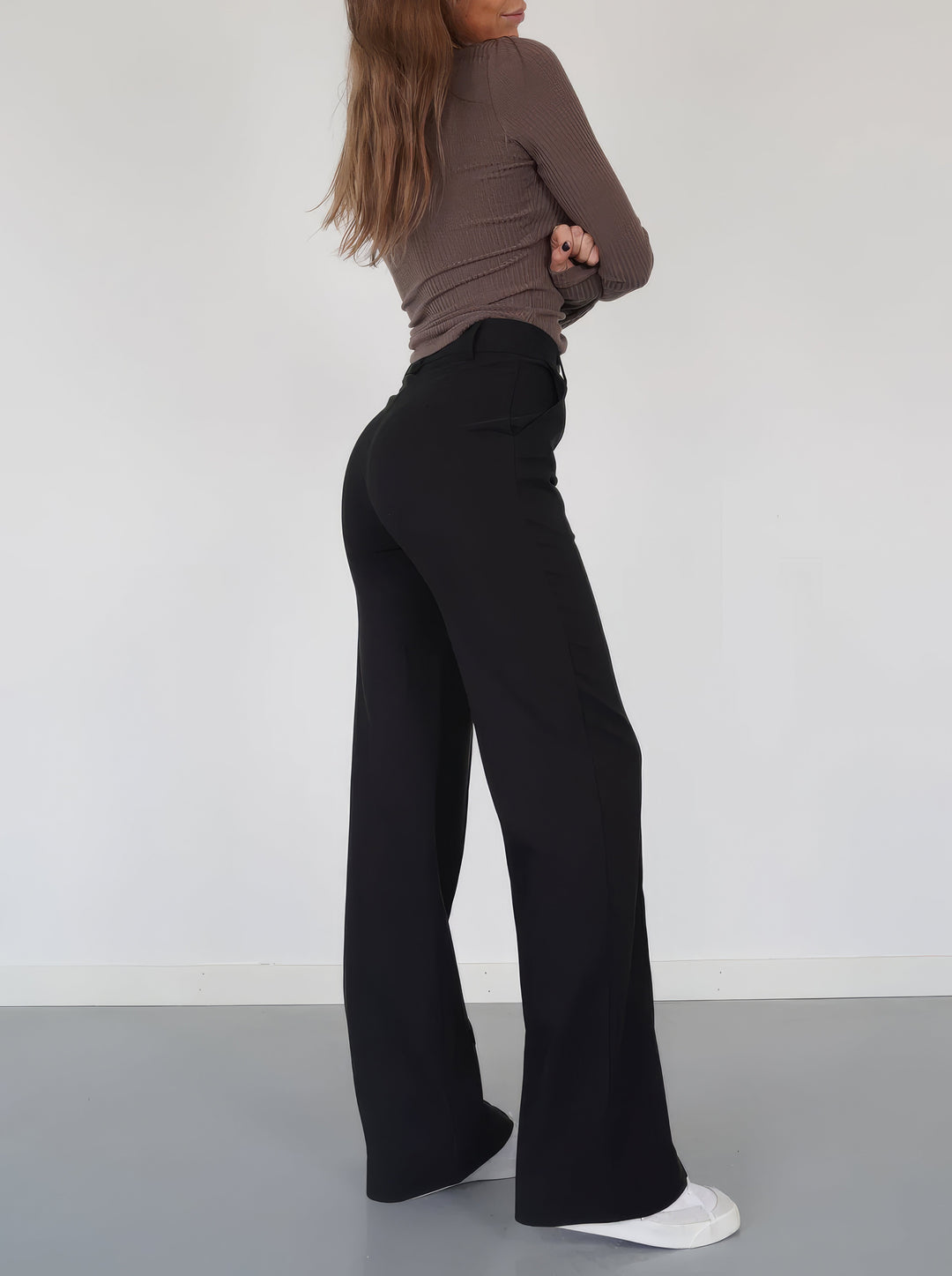 Damen Hose mit hohem Bund weiten Beinen und sichtbaren Frontnähten
