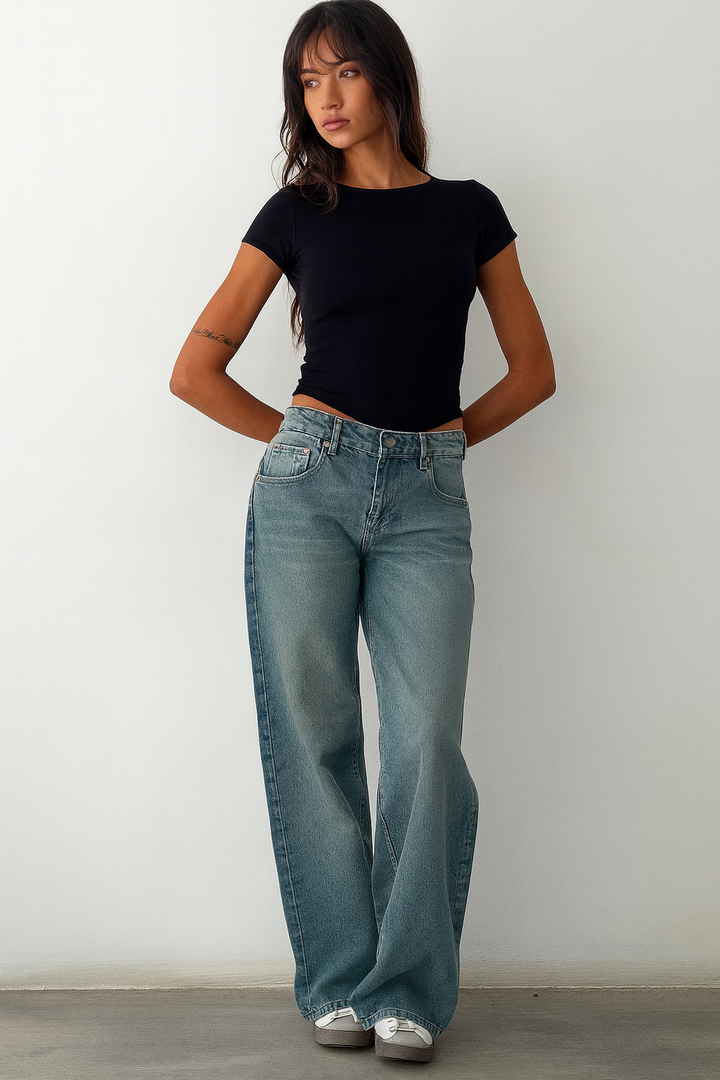 Damen Hose mit Weitem Bein Knopfverschluss Gürtelschlaufen und Fünf-Taschen-Aufteilung