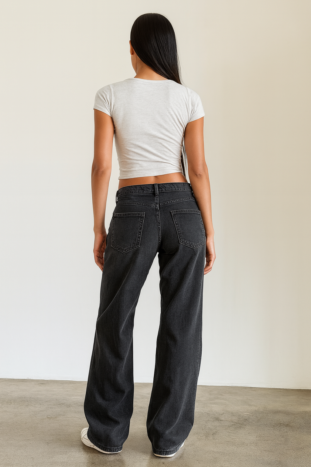 Damen Hose mit Weitem Bein Knopfverschluss Gürtelschlaufen und Fünf-Taschen-Aufteilung
