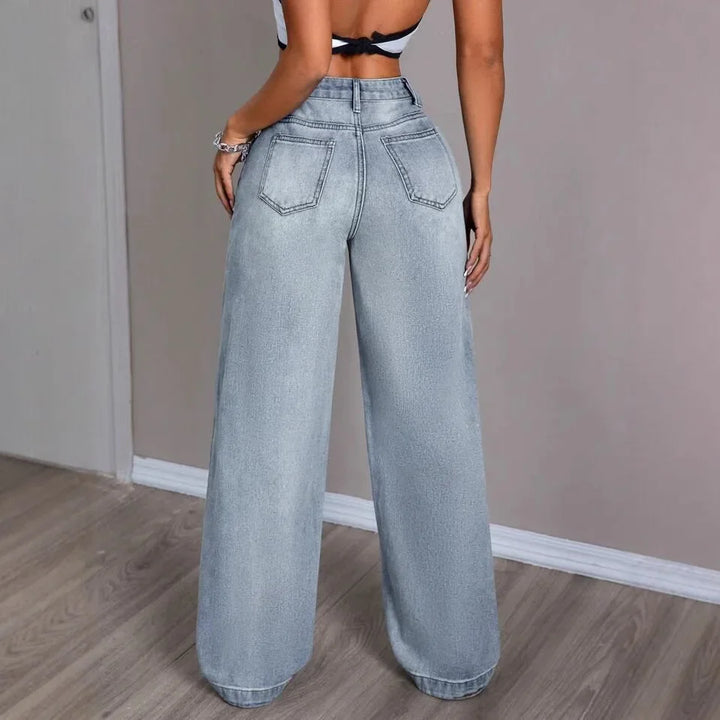 Damen Hose mit Weitem Bein Knopfverschluss und Fronttaschen in Heller Waschung