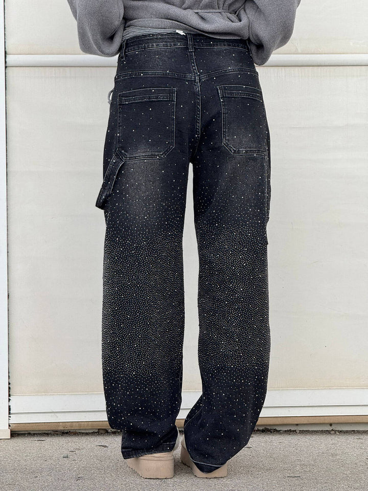 Damen Hose mit weitem Bein Strassbesatz Seitentasche mit Klappe und Knopfverschluss