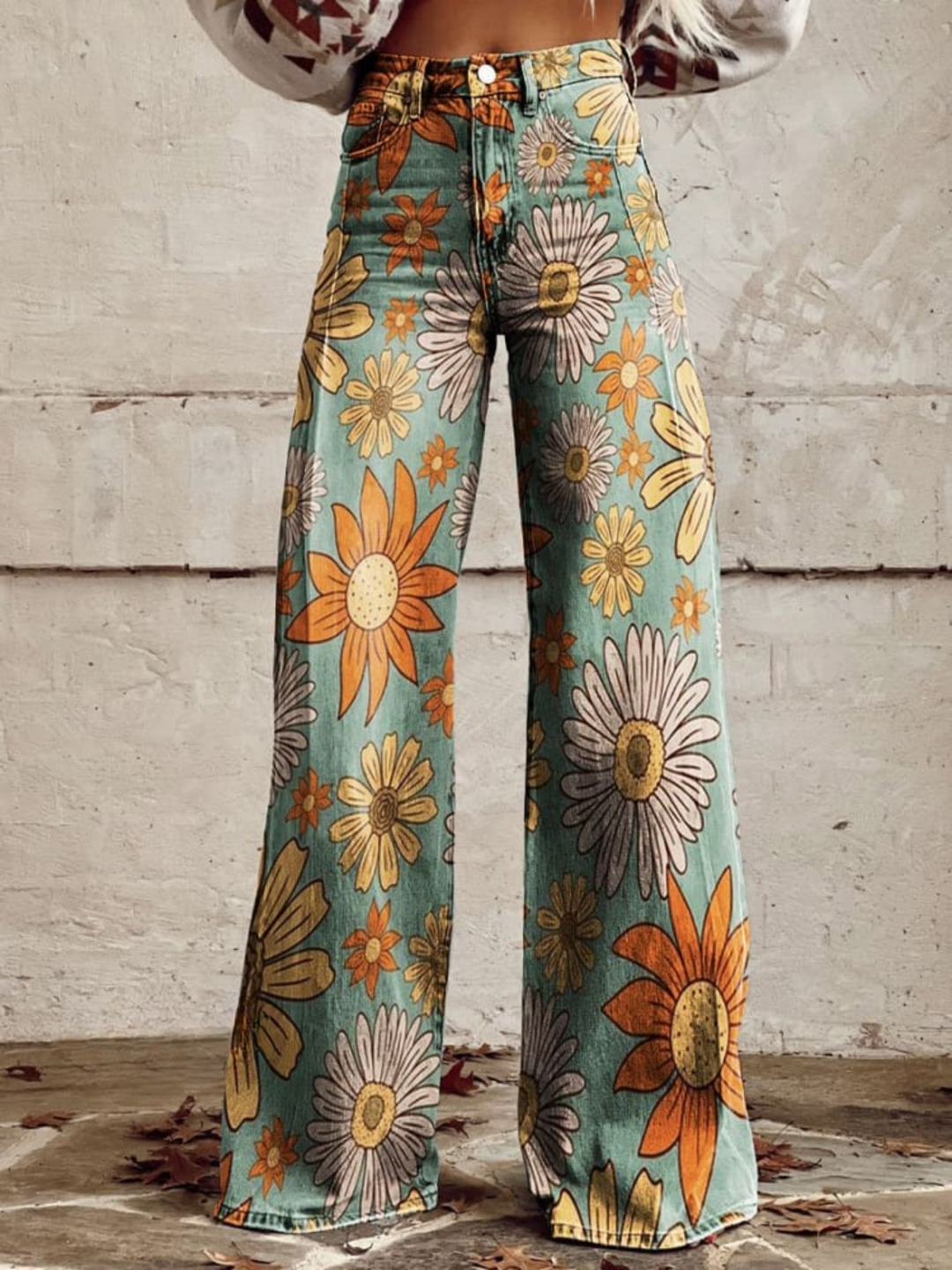 Damen Hose mit weitem Bein und Blumenmuster