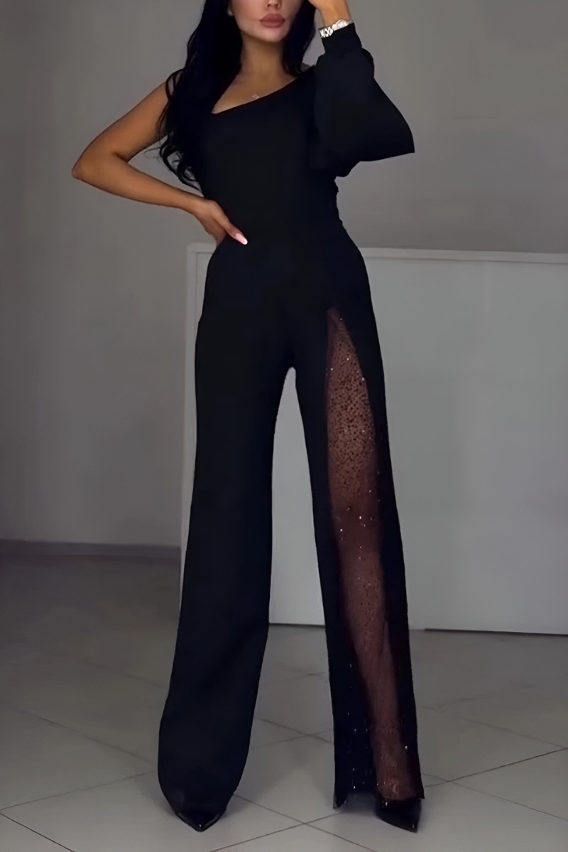 Damen Jumpsuit mit Ein-Schulter-Träger Langarm Weitem Bein und Netzeinsatz