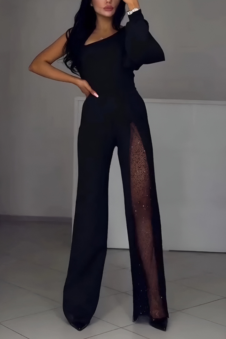 Damen Jumpsuit mit Ein-Schulter-Träger Langarm Weitem Bein und Netzeinsatz