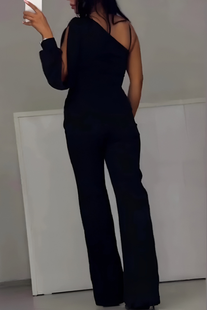 Damen Jumpsuit mit Ein-Schulter-Träger Langarm Weitem Bein und Netzeinsatz