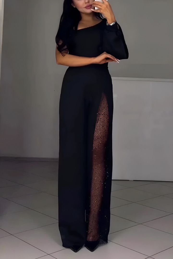 Damen Jumpsuit mit Ein-Schulter-Träger Langarm Weitem Bein und Netzeinsatz