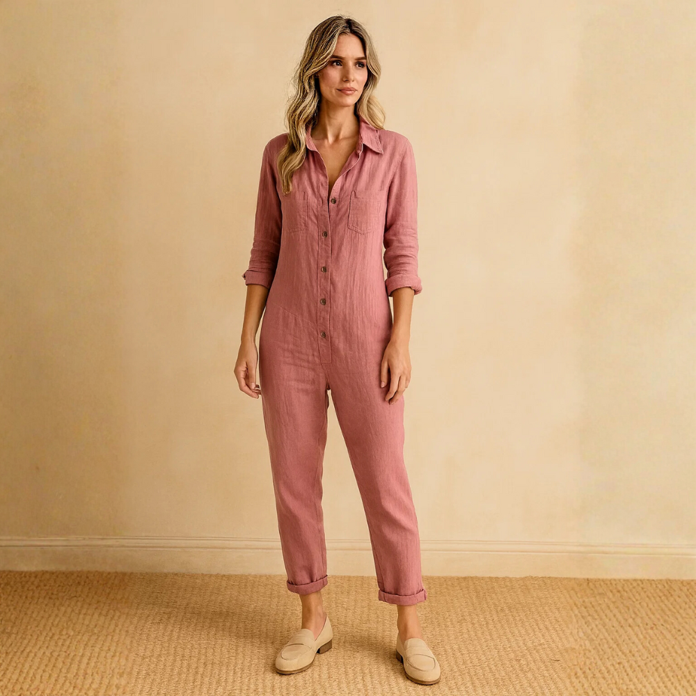 Damen Jumpsuit mit langen Ärmeln, Knopfleiste, Kragen und Brusttaschen-Jump suit-Alpenkind