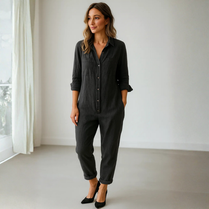 Damen Jumpsuit mit langen Ärmeln, Knopfleiste, Kragen und Brusttaschen-Jump suit-Alpenkind