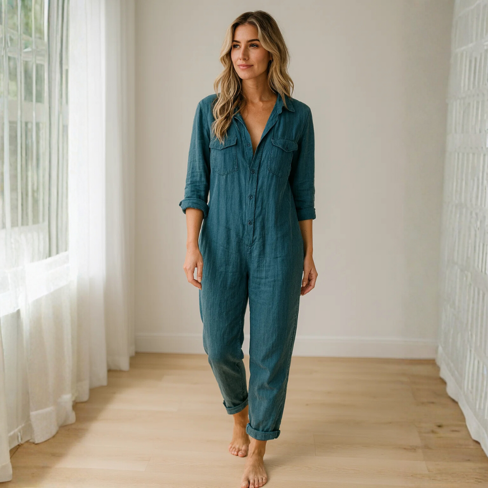 Damen Jumpsuit mit langen Ärmeln, Knopfleiste, Kragen und Brusttaschen-Jump suit-Alpenkind