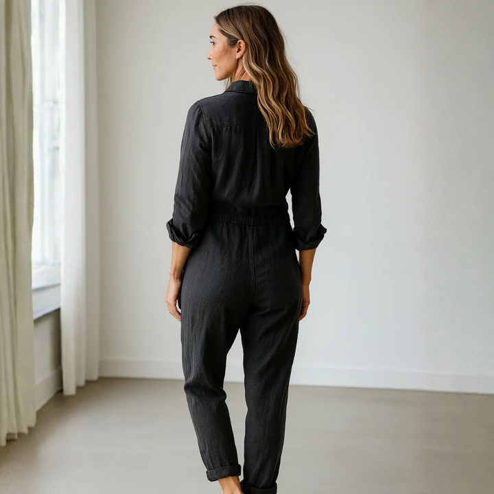 Damen Jumpsuit mit langen Ärmeln, Knopfleiste, Kragen und Brusttaschen-Jump suit-Alpenkind
