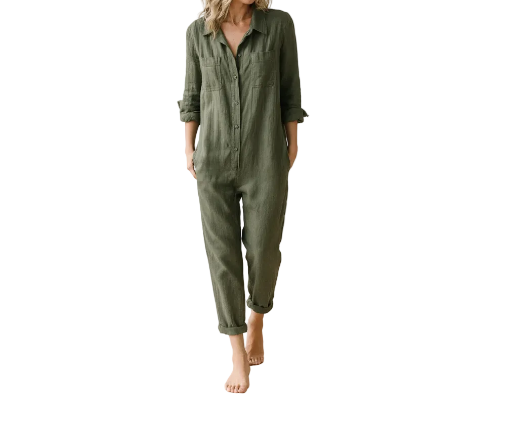 Damen Jumpsuit mit langen Ärmeln, Knopfleiste, Kragen und Brusttaschen-Jump suit-Alpenkind