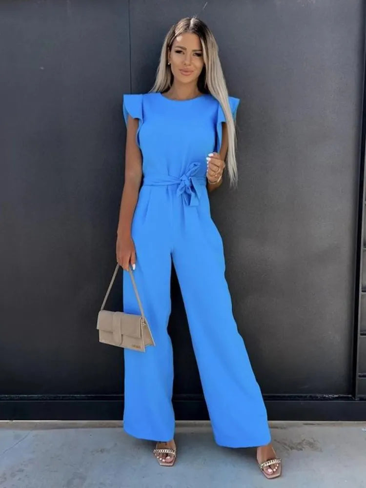 Damen Jumpsuit mit Rüschenärmeln und Bindegürtel