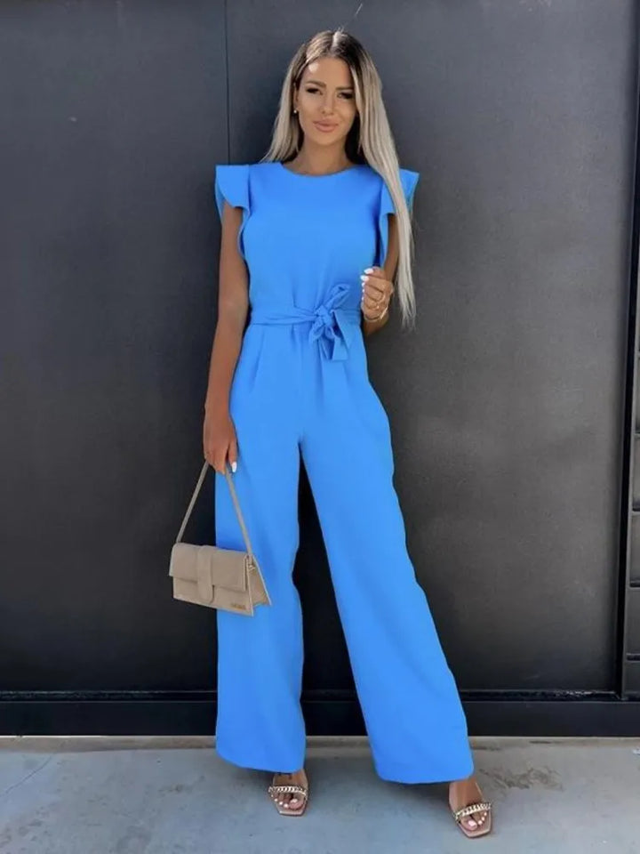 Damen Jumpsuit mit Rüschenärmeln und Bindegürtel