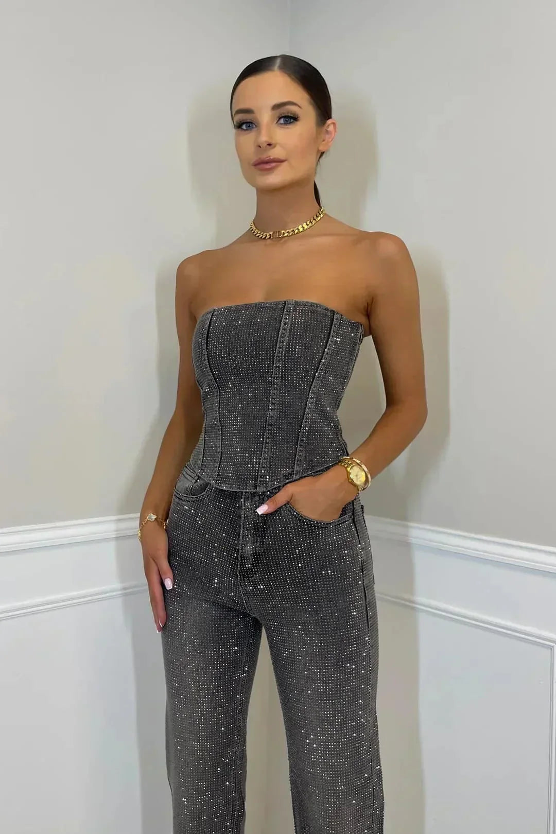 Damen Jumpsuit mit trägerlosen Oberteil und Seitentaschen