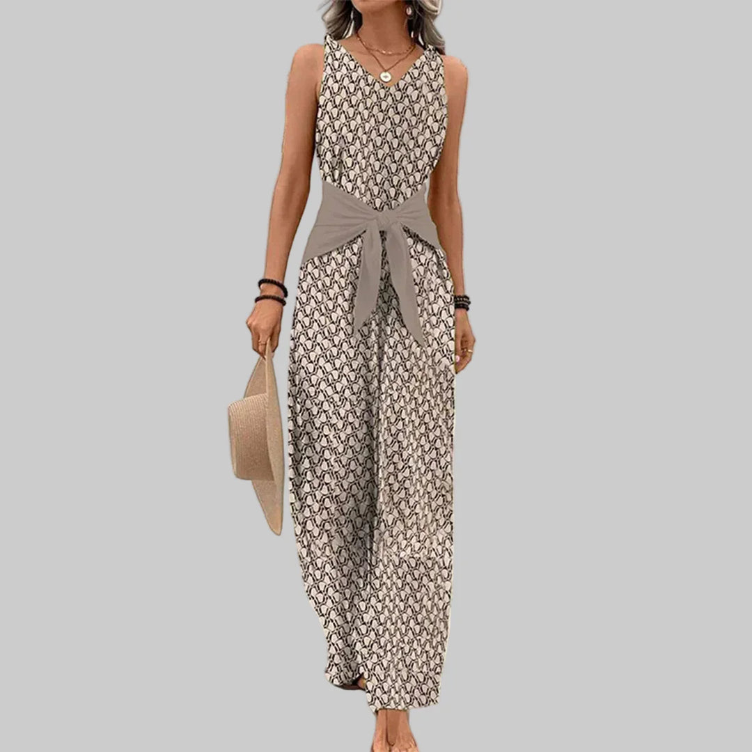 Damen Jumpsuit mit V-Hals Kontrastgürtel Weitem Bein und Geometrischem Muster