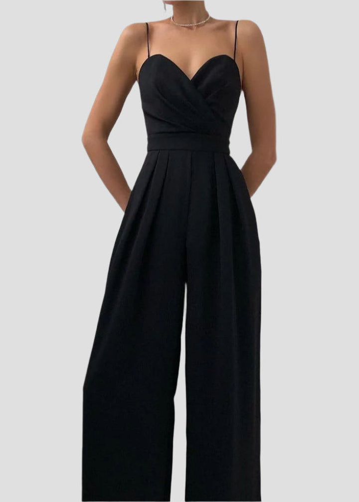 Damen Jumpsuit mit Wickeloberteil Spaghettiträgern Herzausschnitt und Weitem Hosenbein