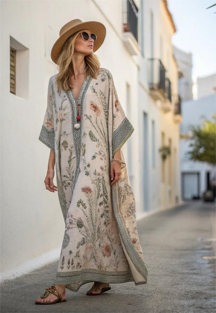 Damen Kaftan-Maxikleid mit V-Ausschnitt weiten Ärmeln Blumenmuster und Zierborte