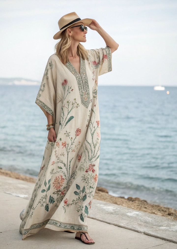 Damen Kaftan-Maxikleid mit V-Ausschnitt weiten Ärmeln Blumenmuster und Zierborte