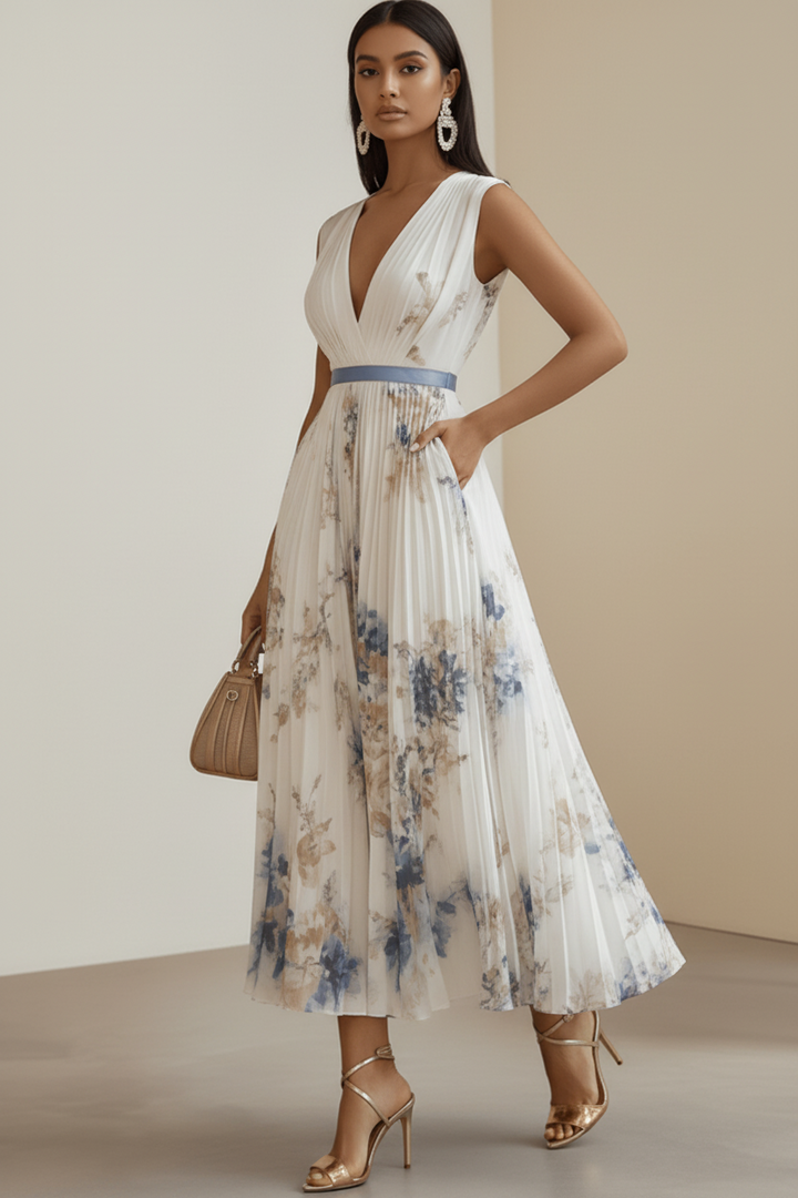 Damen Kleid mit V-Ausschnitt und plissiertem Rock-Midi Dress-Alpenkind