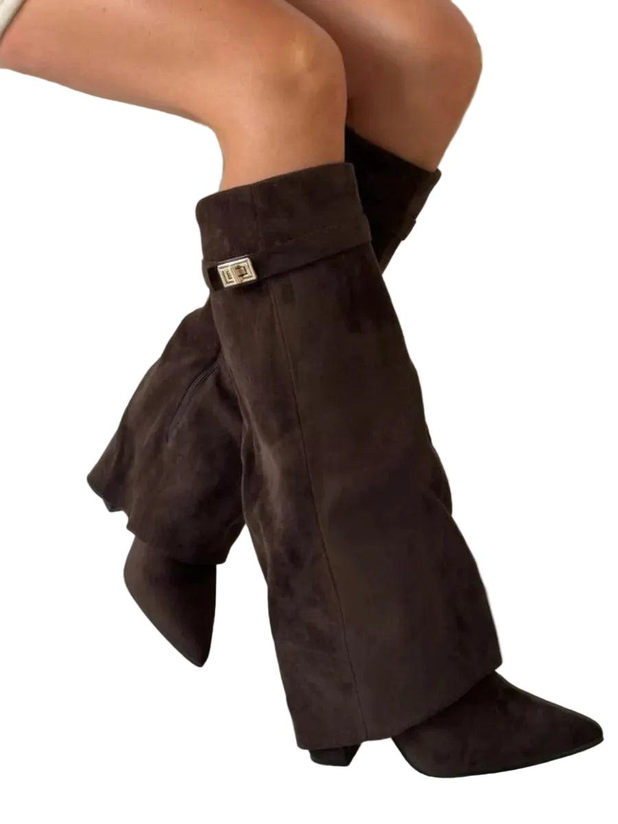 Damen Kniehohe Stiefel mit Spitz zulaufender Form und Blockabsatz-Women Footwear-Alpenkind