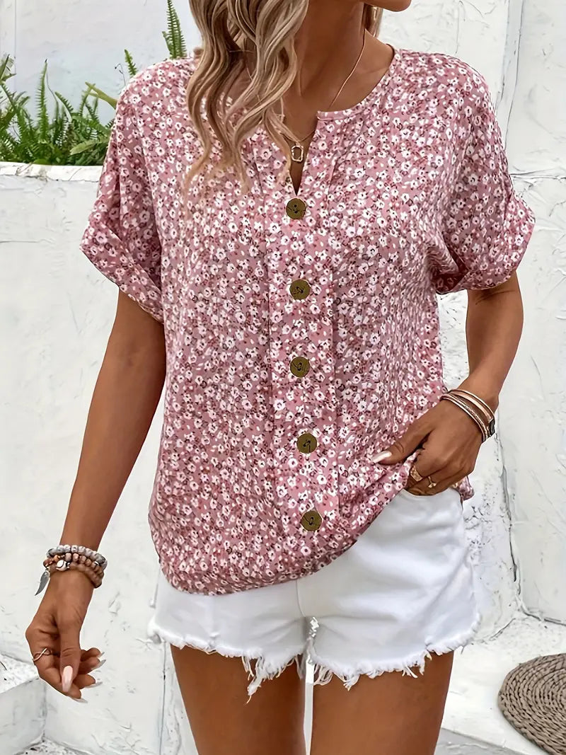 Damen Kurzarm Hemd mit Blumenmuster und V-förmigem Halsbereich