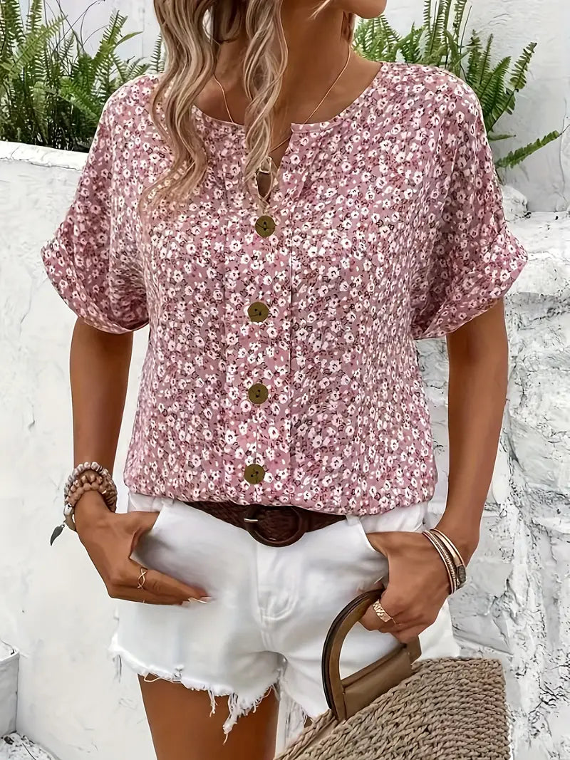 Damen Kurzarm Hemd mit Blumenmuster und V-förmigem Halsbereich