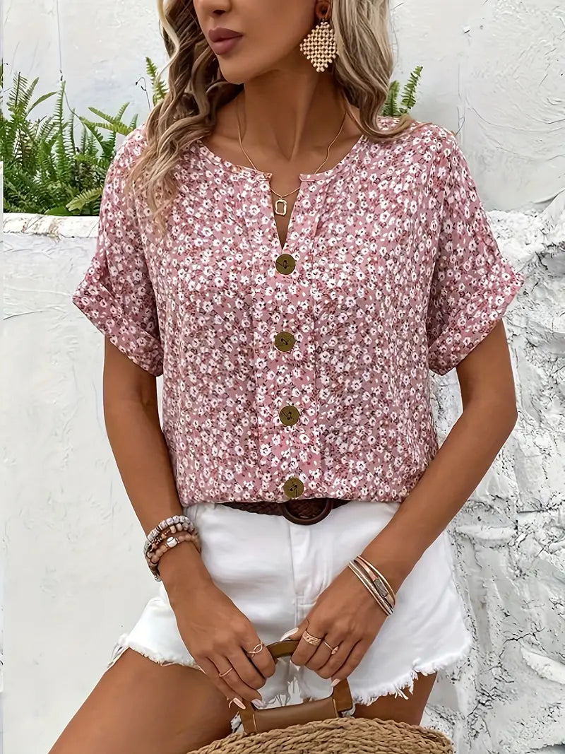 Damen Kurzarm Hemd mit Blumenmuster und V-förmigem Halsbereich