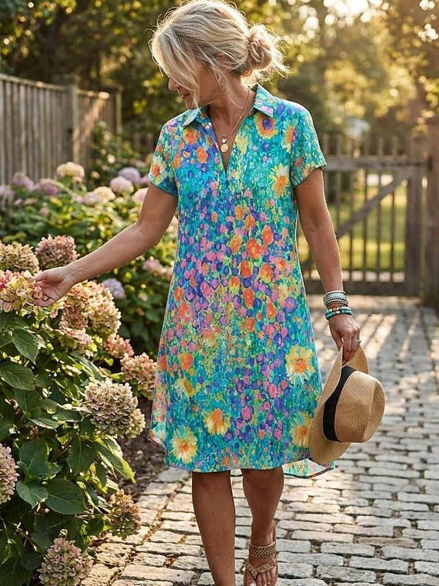 Damen Kurzarm Hemdkleid mit Polokragen und Blumenmuster