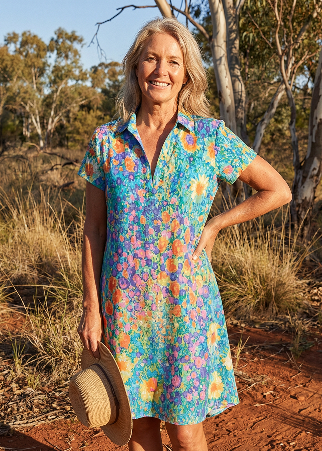 Damen Kurzarm Hemdkleid mit Polokragen und Blumenmuster