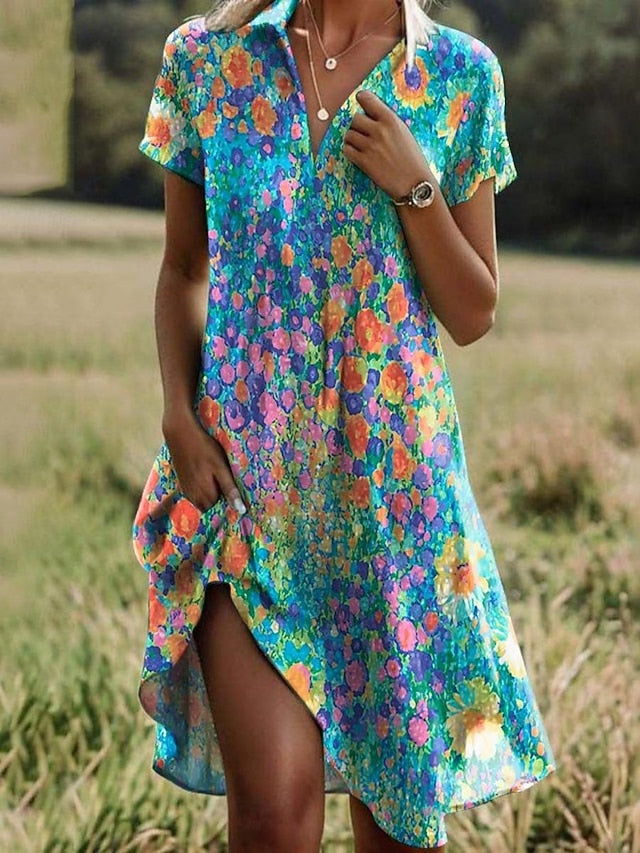 Damen Kurzarm Hemdkleid mit Polokragen und Blumenmuster