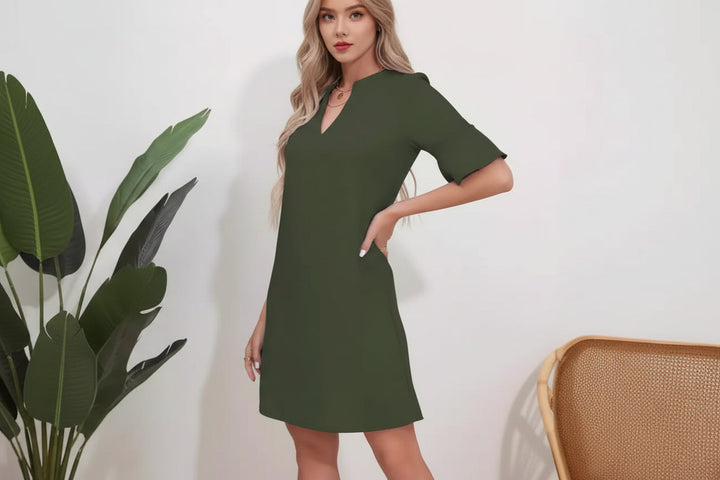 Damen Kurzarm Kleid mit V-Ausschnitt und Ausgestellten Ärmeln-Mini Dress-Alpenkind