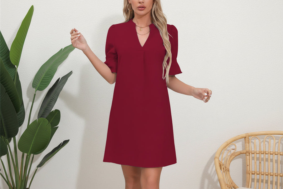 Damen Kurzarm Kleid mit V-Ausschnitt und Ausgestellten Ärmeln-Mini Dress-Alpenkind