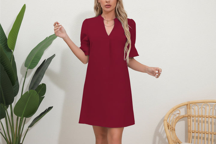 Damen Kurzarm Kleid mit V-Ausschnitt und Ausgestellten Ärmeln-Mini Dress-Alpenkind
