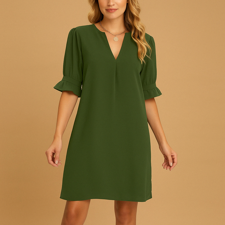 Damen Kurzarm Kleid mit V-Ausschnitt und Rüschenärmeln-Mini Dress-Alpenkind