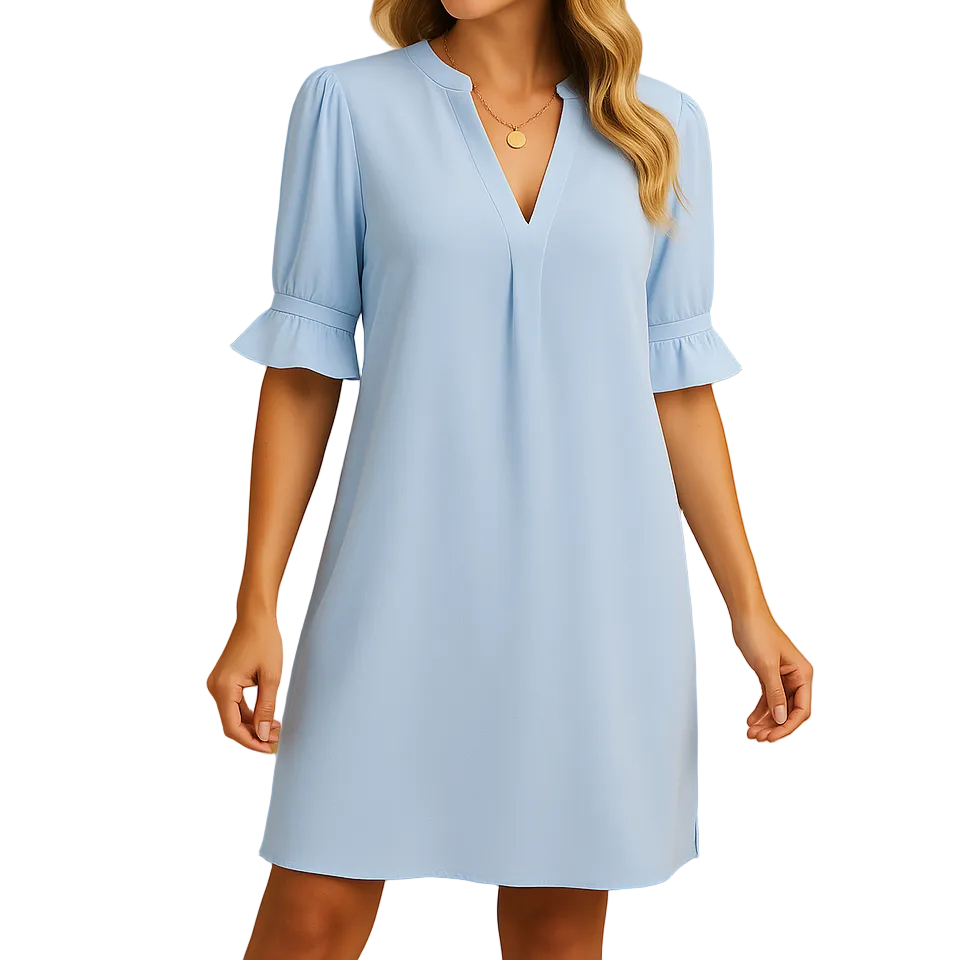 Damen Kurzarm Kleid mit V-Ausschnitt und Rüschenärmeln-Mini Dress-Alpenkind