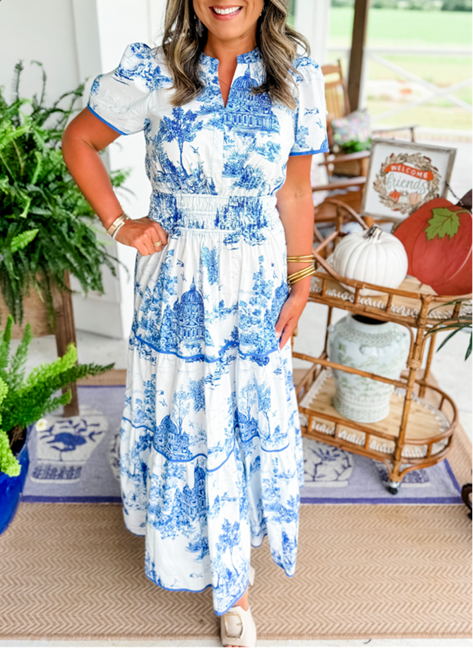 Damen Kurzarm Maxikleid mit Kerbausschnitt geraffter Taille Stufenrock und Druckmuster