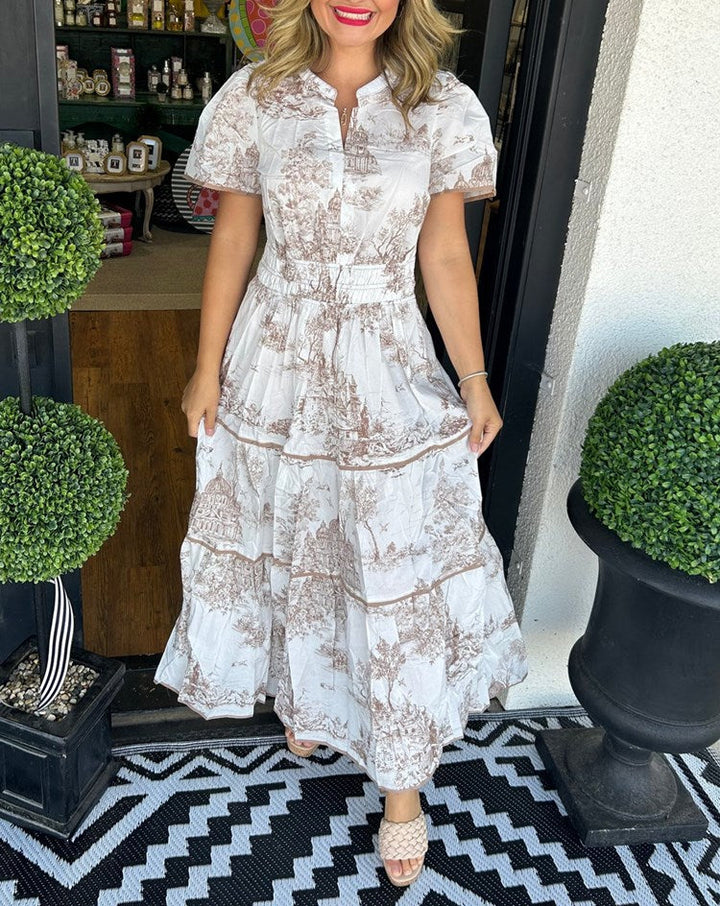 Damen Kurzarm Maxikleid mit Kerbausschnitt geraffter Taille Stufenrock und Druckmuster