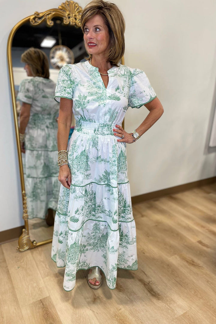 Damen Kurzarm Maxikleid mit Kerbausschnitt geraffter Taille Stufenrock und Druckmuster