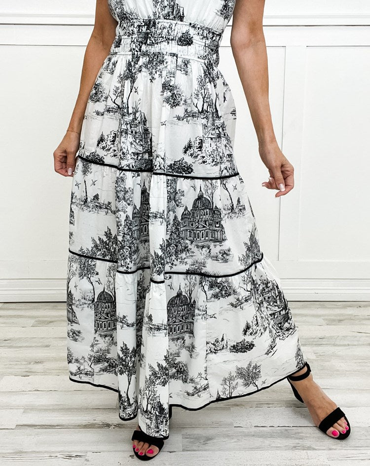 Damen Kurzarm Maxikleid mit Kerbausschnitt geraffter Taille Stufenrock und Druckmuster