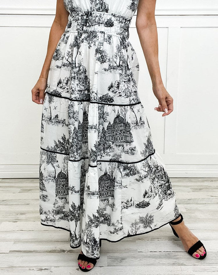 Damen Kurzarm Maxikleid mit Kerbausschnitt geraffter Taille Stufenrock und Druckmuster